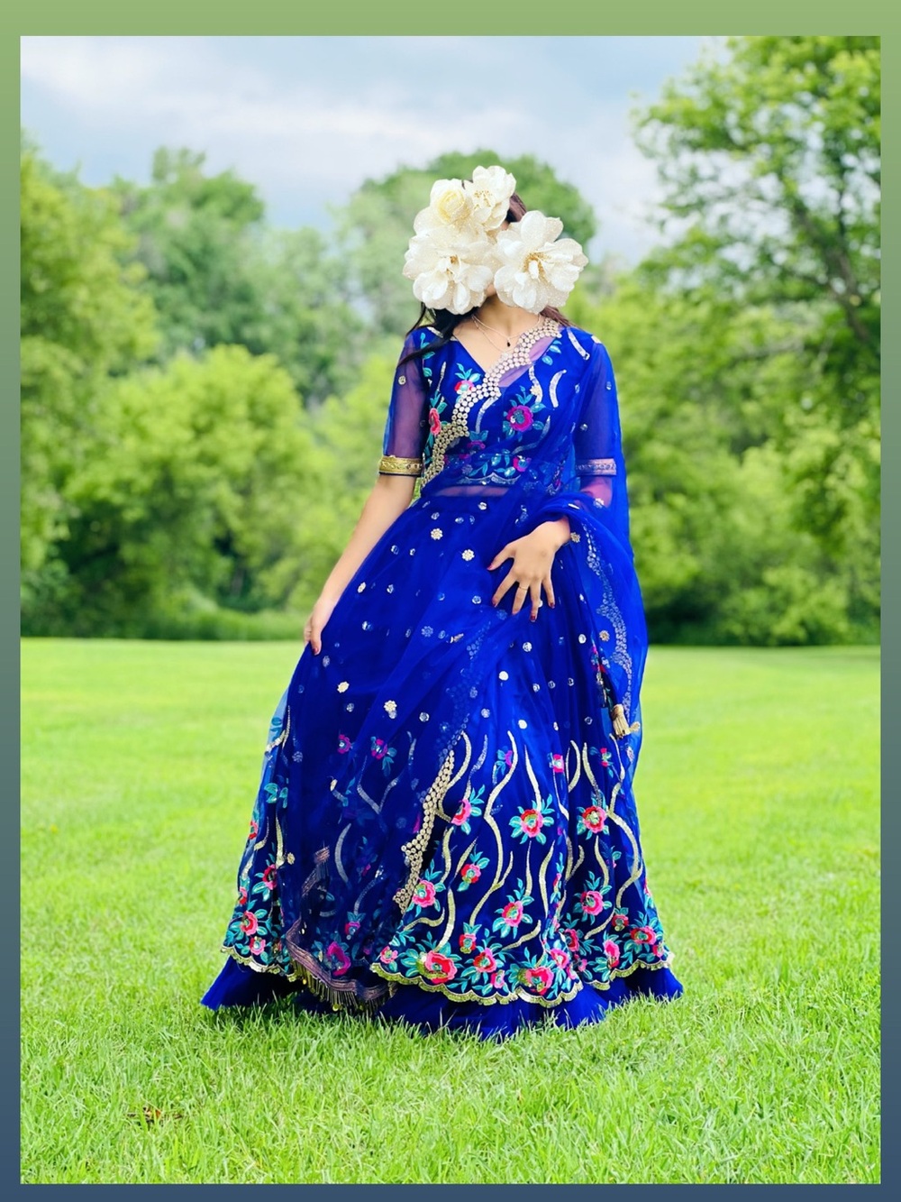 Royal Blue Floral Embroidered Women's Dress